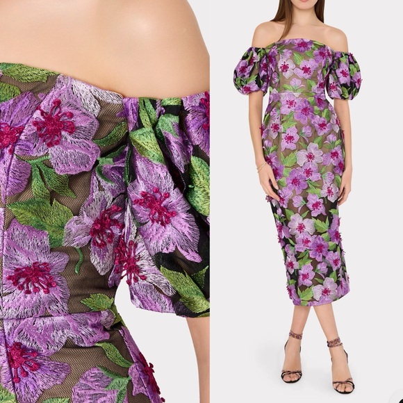 Milly Dresses & Skirts - Milly Nira Off-Shoulder 3D Floral Appliqué Embroidered Midi Dress NWT Medium